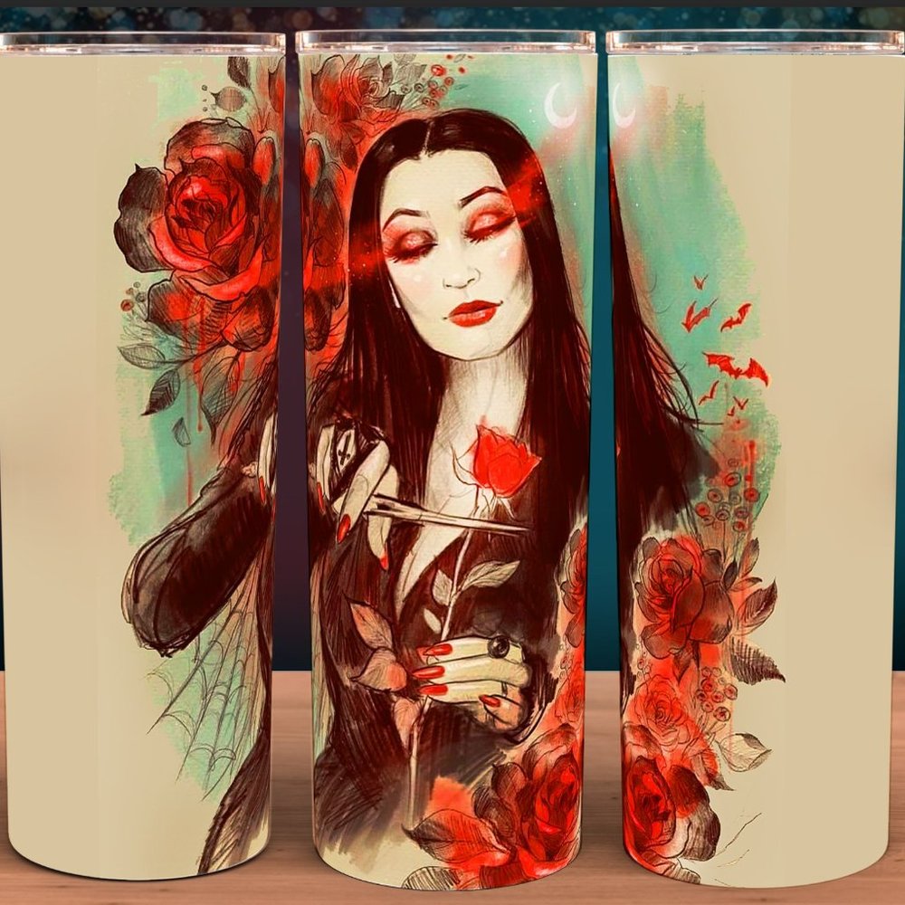 Morticia Adams Family Watercolor Sketch Tumbler 20oz